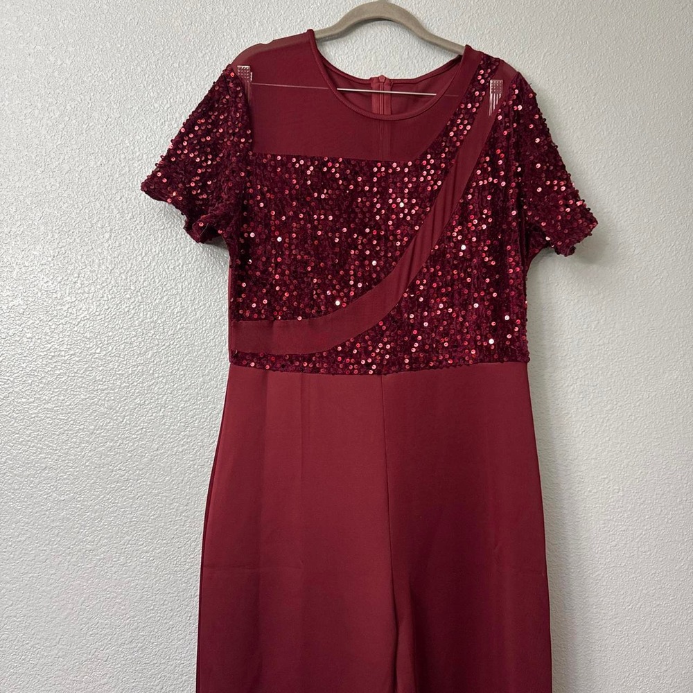 Women's Burgundy Sequin and Mesh Top Wide Leg Pants Jumper Jumpsuit